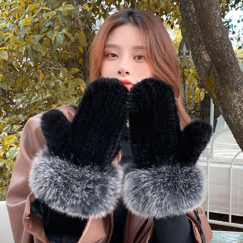Women's Double Side Real Mink Fur Gloves Mitten + Real Fox