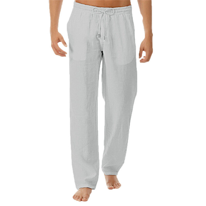 Uomo Cotone Lino Pantaloni Tinta Unita Coulisse Elastico Vita Tasca Morbido