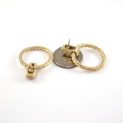 14K Yellow Gold Natural Diamond Citrine Rope Hoop Post Dangle Hoop Earrings