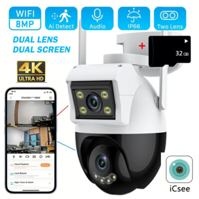 ICSee Dual Lens WiFi IP Camera Outdoor CCTV PTZ Home Security IR Cam+32G TF Card