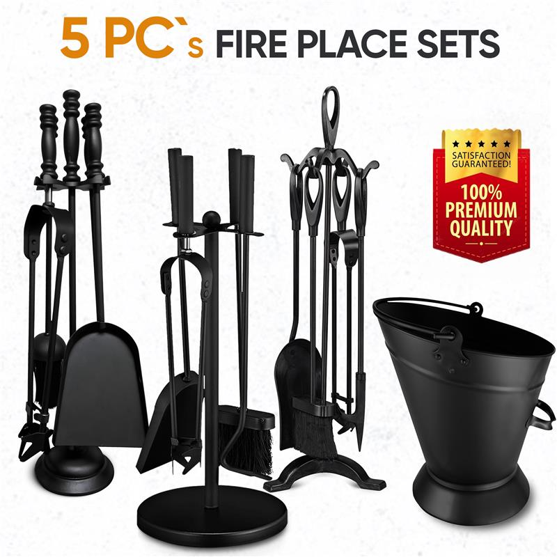 5 Piece Black Fireplace Companion Set – Poker Brush Shovel Tongs with Stand Kit