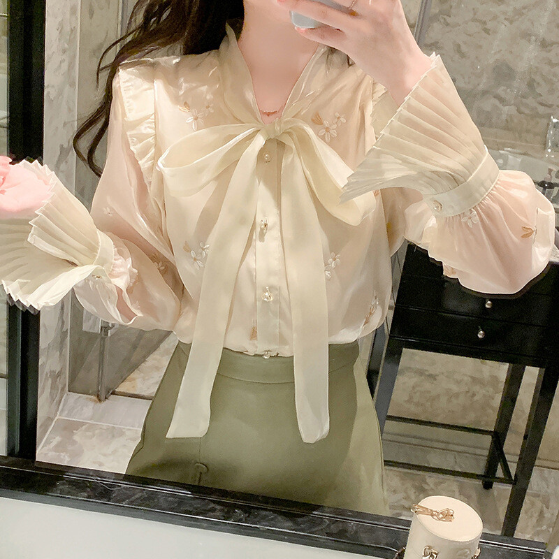 Lady Bow Tie Neck Blouse Shirt Tops Embroidery Floral Ruffle
