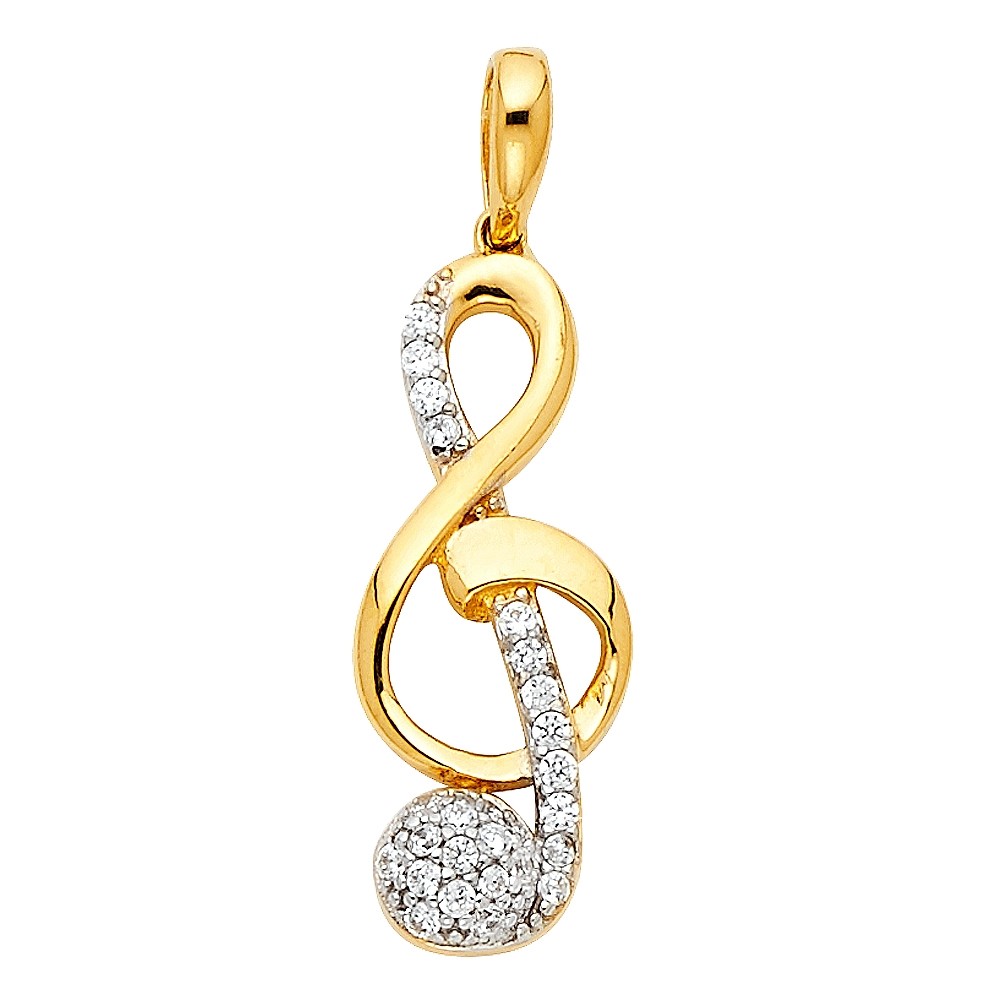 Musical Note Pendant 14k Yellow Gold Treble Clef Charm CZ Curve S 9 x