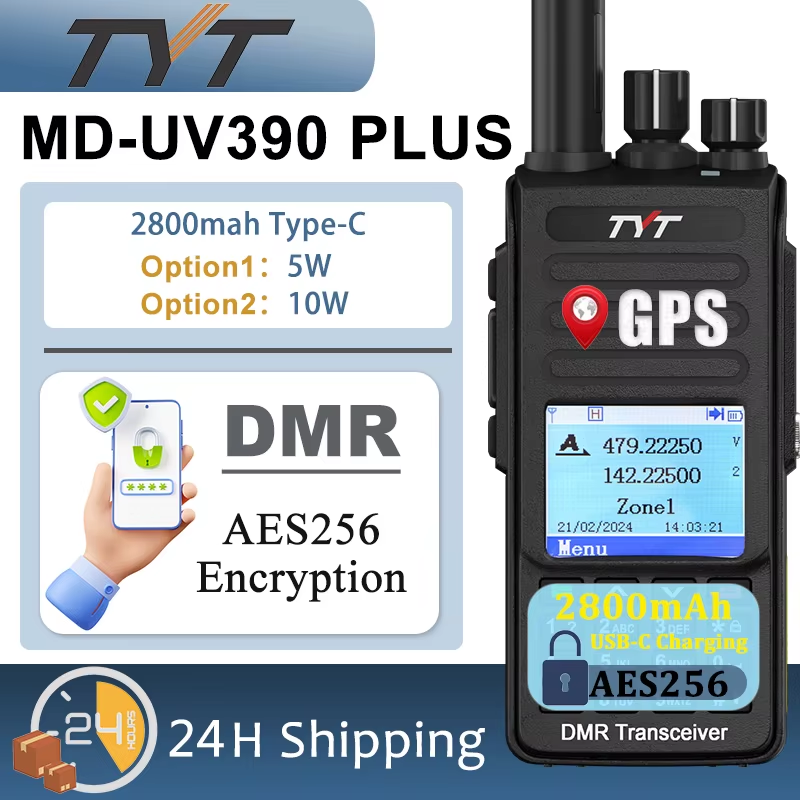 TYT MD-UV390 Plus 10W GPS DMR Radio AES256 Encryption 2800mAh Type-C Charging IP
