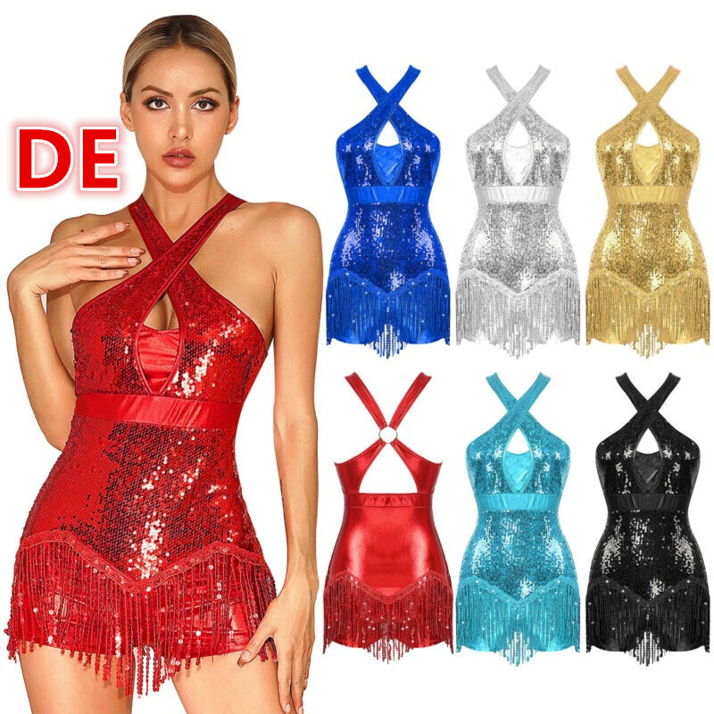 CHICTRY Latin Tanzkleid Mit Fransen - Pailletten Overall Für Damen S-XXL