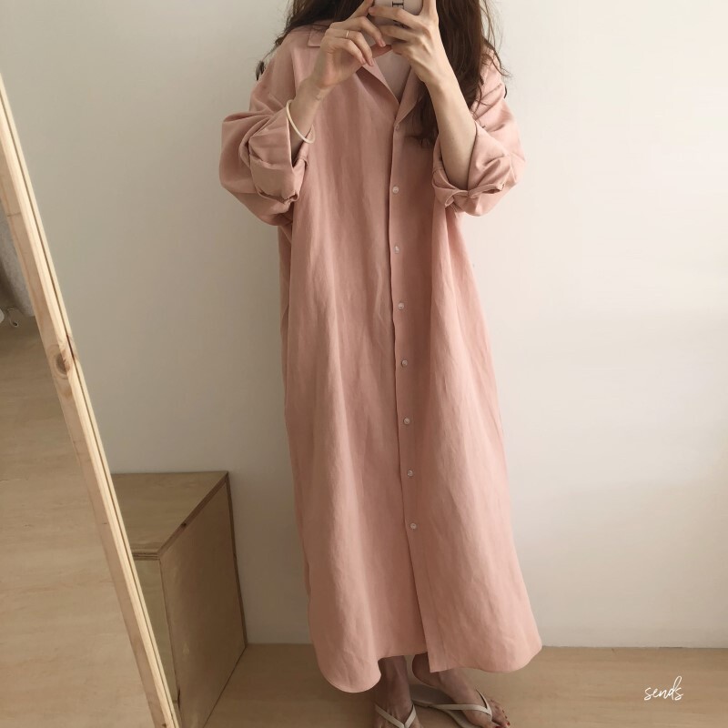 Femme Revers Robe Chemise Manches Longues Robe Maxi Bouton Desseré Été
