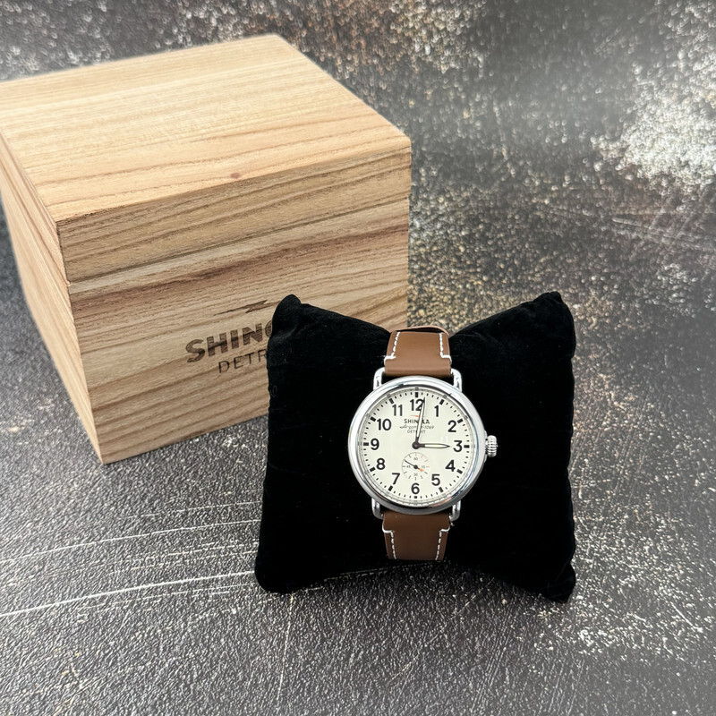 Pre-owned Shinola The Runwell Classic Cream Dial Dark Brown Leather Strap Watch 41mm