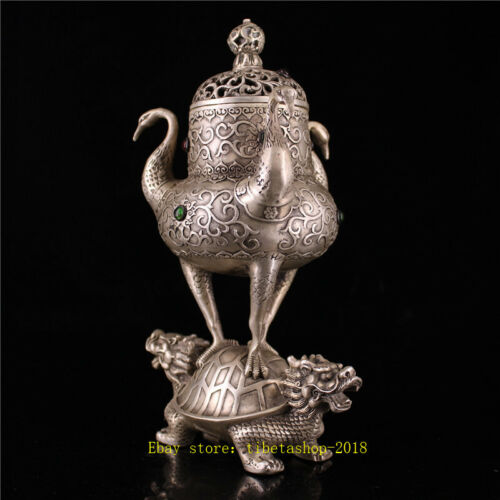 9.06/" Chinese copper silvering inlay gem Dragon turtle 3 crane Incense burner