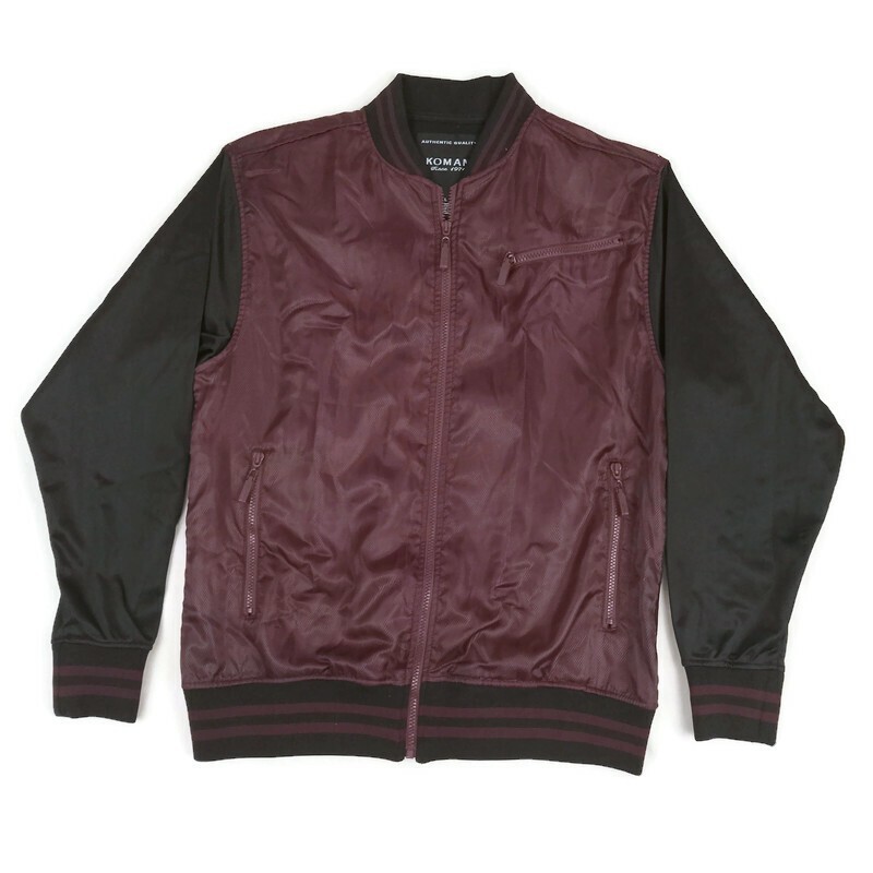 Koman Sport Jacket Mens Size Large Zip Up Burgundy & Black Polyester LS Coat GUC