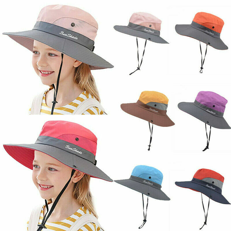 Kids UV Sun Hat with Ponytail Hole Upf 50 Bucket Cap for Girls Summer Beach Hat