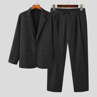 Winter Mens Long Sleeve Tops Blazer Suit Zip Up Pants Trousers Formal 2PCS Set
