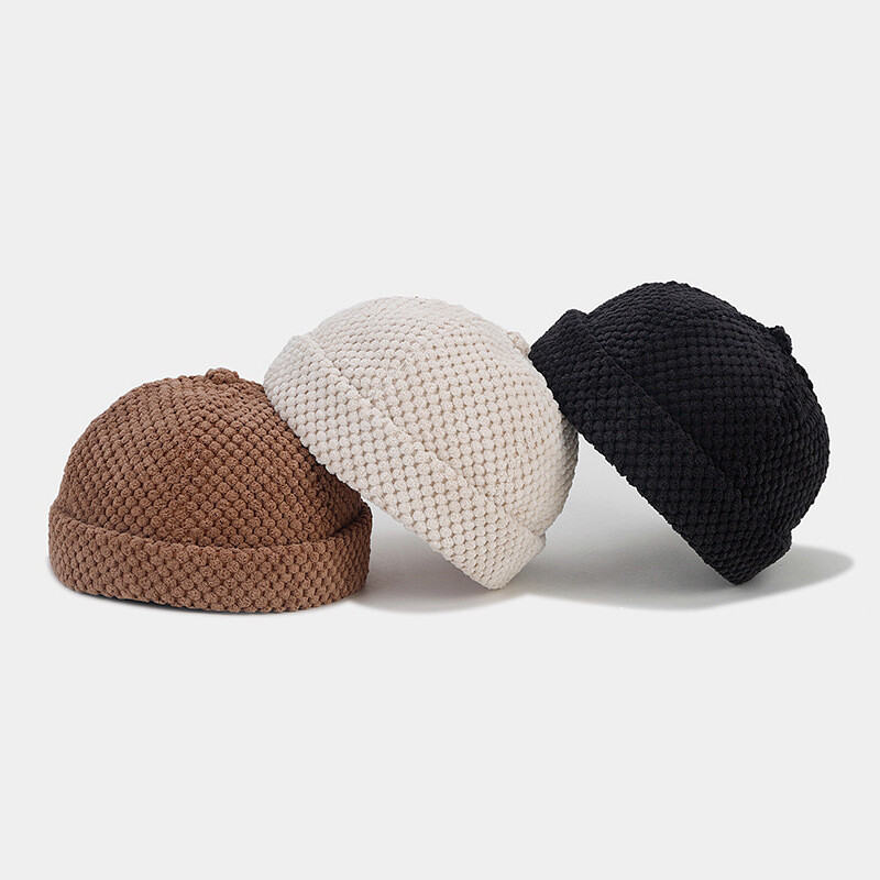 Men Corduroy Skullcap Docker Hat Rolled Cuff Brimless Cap Hip Hop Casual