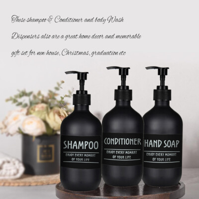 3x 500ml Black Hand Pump Soap Dispenser Labelled Bottle For Shampoo Shower Gel