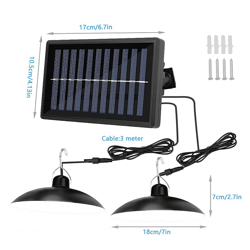 Double Two-Head LED Pendant Light Solar Panel Outdoor Indoor Garden Shed Lamp