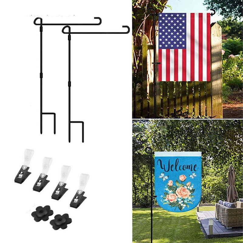 2 Set Garden Flag Pole Metal Holder Stand with Anti-Wind Clip for Outdoor Lawn