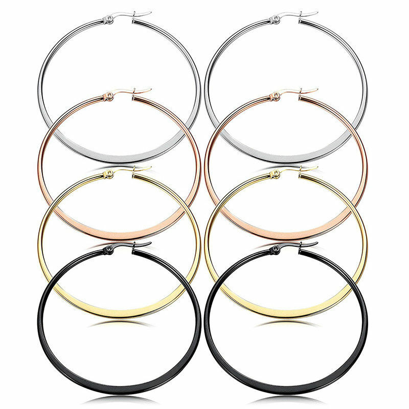 Gold Rose Gold Black Silver Stainless Steel Simple Round Hoop Earrings 10mm-70mm