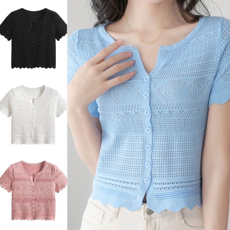 Donna Bottoni Maglia Camicetta T-Shirt Cavo Manica Corta Traspirante Casual