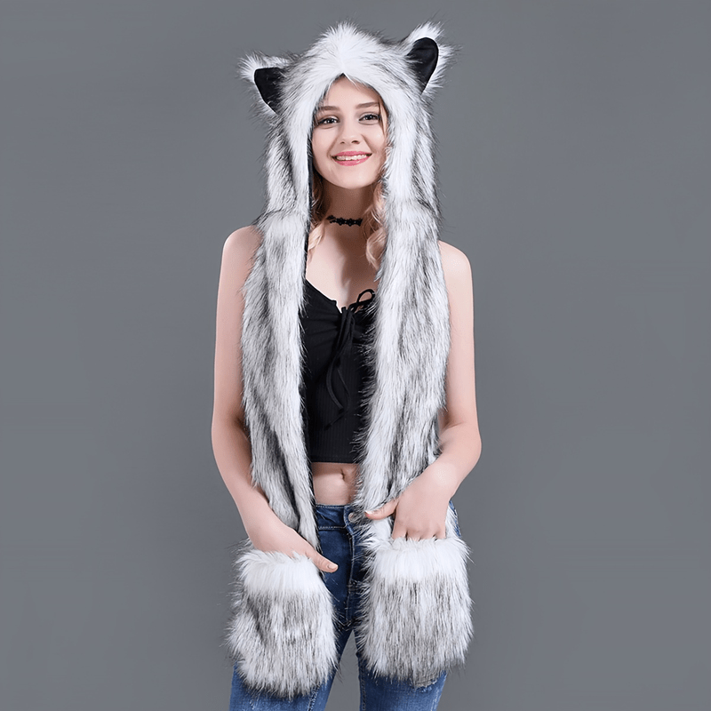 Faux Fur Animal Wolf Ears Hat Gloves Mittens Long Scarf Snood Hood Paws