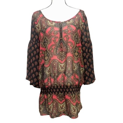 Jones New York Sport Bohemian Paisley Sheer Top Blouse Smocked Red Size 1X New
