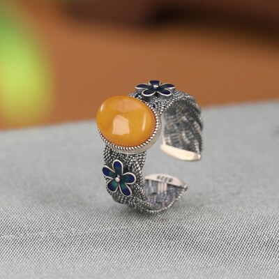 F02 Ring gelber Bernstein mit Blumen auf Zopfmuster 925 Sterlingsilber