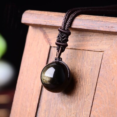 Gold Obsidian 16mm Round Bead Pendant Necklace Healing Relief Amulet Necklace