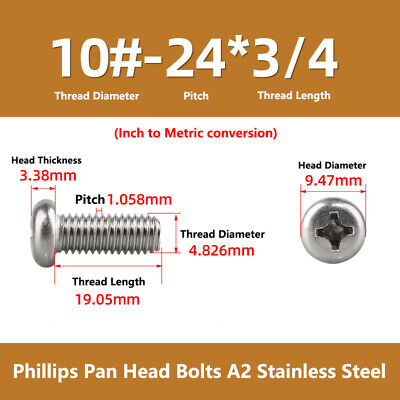 #10-24 UNC Round Phillips Pan Head Screw Bolts A2 Stainless Steel SAE Coarse US