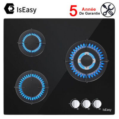 IsEasy Cuisinière à Gaz en Verre de 3 Brûleurs Plaque 60cm Vitroceramique Noir 