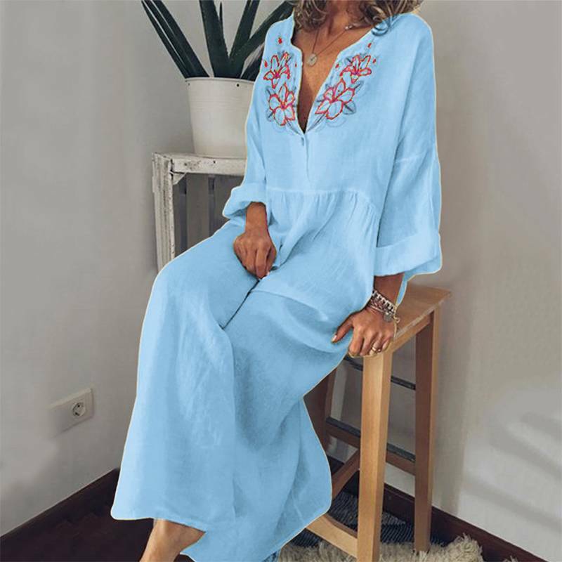 Frauen Boho Maxikleid V-Ausschnitt Langarm Freizeit Kaftan Lose Baggy Hemdkleid.