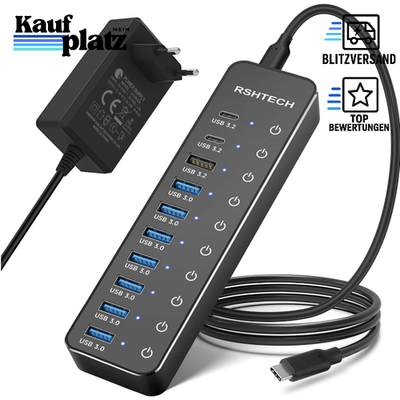 USB Hub 3.2 mit Netzteil, 10 Ports, 3x 10Gbps, 7x 5Gbps, Touch-Schalter