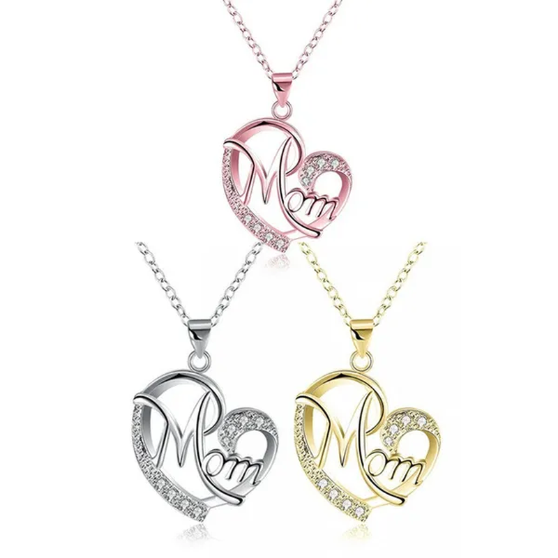 New Fashion Creative Love MOM Necklace Diamond-Encrusted Mom Heart-Shaped Necklace Birthday Present Mother'S Day Gift