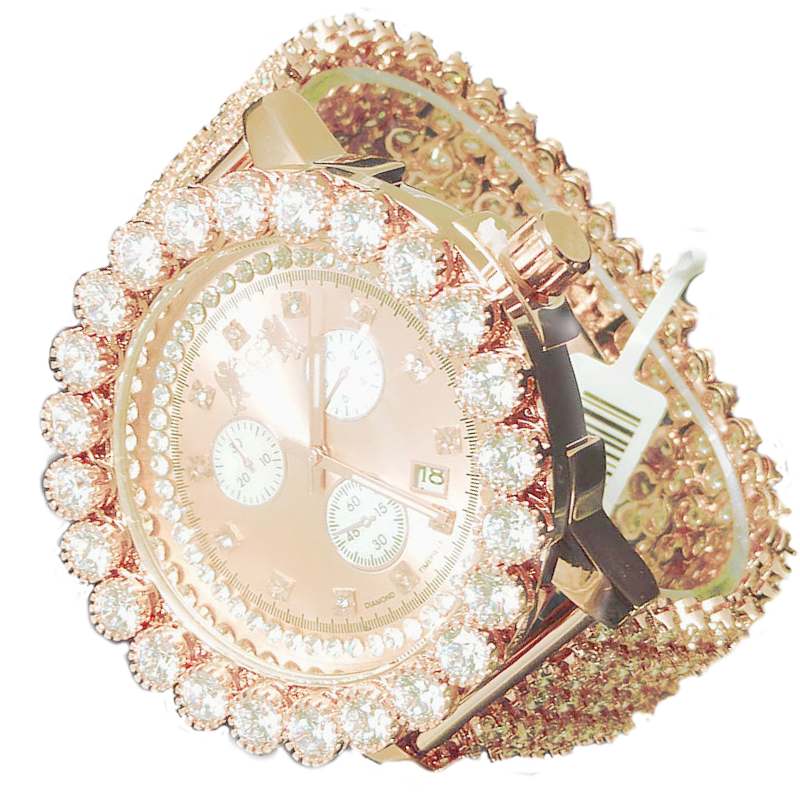 Pre-owned Ice House Genuine Diamond 18k Rose Gold 2 Tone Big Stone Bezel Custom Men  Watch