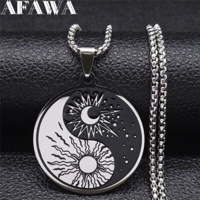 Unisex Chain Necklace Sun Moon Pendants Yin Yang Necklaces Stainless Steel 1Pc