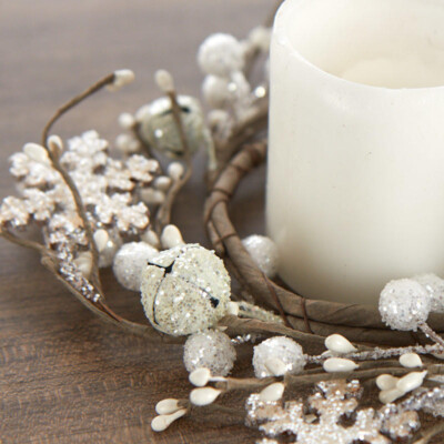 Set of 2 Sparkle Bells, White Berry and Snowflakes 7'' Candle Rings