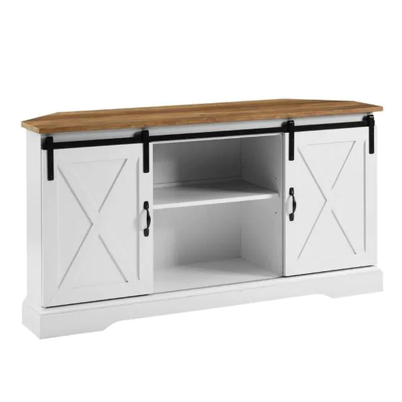 Corner TV Stand with 2-Sliding Barn Doors fits TVs up to 58 in. Solid White Wood
