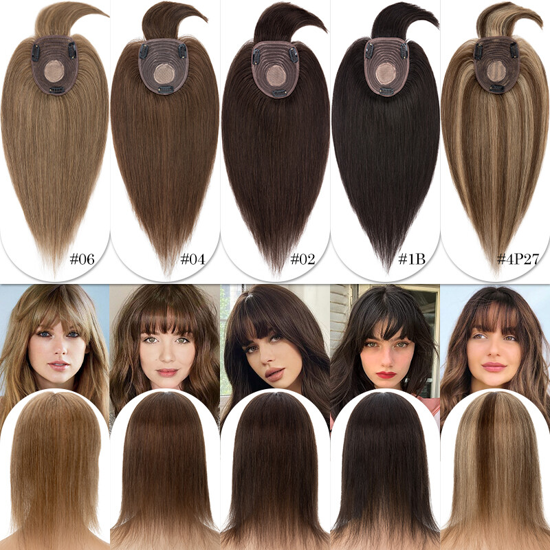 100% Remy Human Hair Topper Toupee Clip In Top Hairpiece with Bangs Mono Base