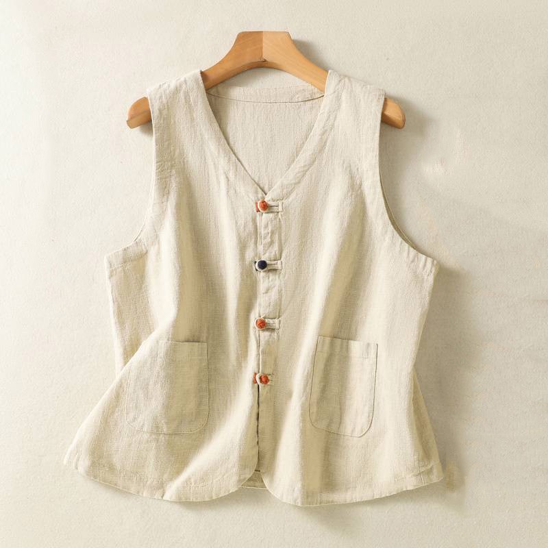 Gilet Sans Manches Coton Lin Boutonné Femme Style Rétro Noir Beige