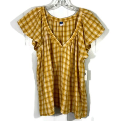 Old Navy Top XL Yellow White Plaid V-neck Flutter Sleeve Boho Casual Loose Fit
