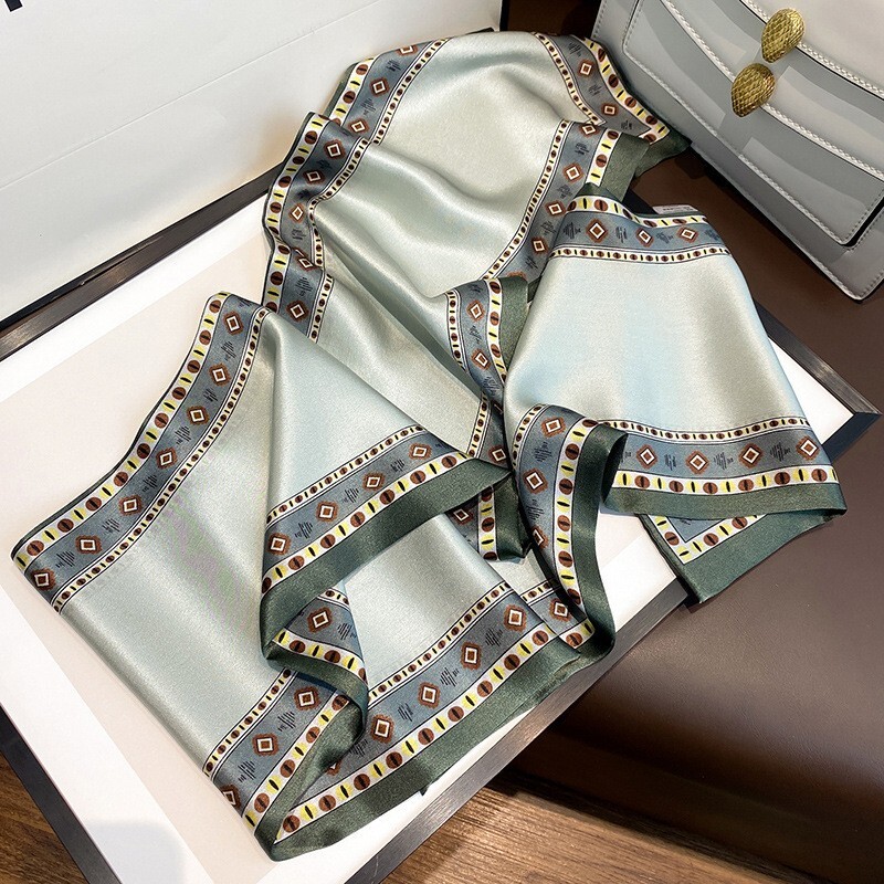 100% Silk Long Scarf Women Vintage Light Green Geometric Neckerchief 150*15cm