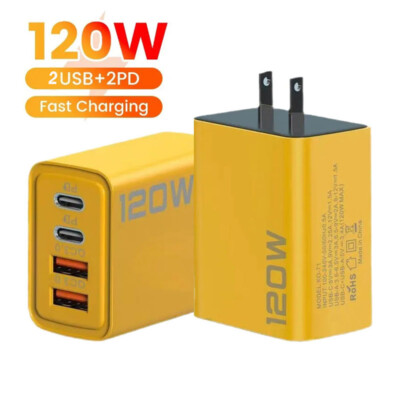 120W 4-Port USB C Fast Wall Charger Block ,PD 4FT Cable For All Cell Phone iPad