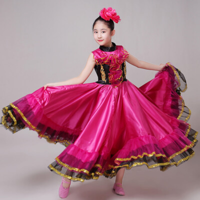 Girls Flamenco Dancer Costume Gypsy Spanish Folklorico Performance Satin Dress
