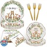 96 Pieces Oh Baby Woodland Baby Shower Tableware Set – Scalloped Forest Animal Disposable Dinnerware with Paper Plates, Napkins and Forks – Gender Neutral Baby Shower and Birthday Party for 24 Guests