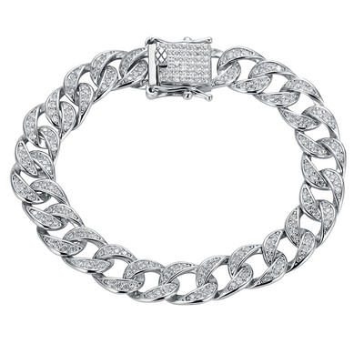MOISSANITE Miami Cuban Link Prong Curb Chain Iced Hip Hop 925 Silver Bracelet