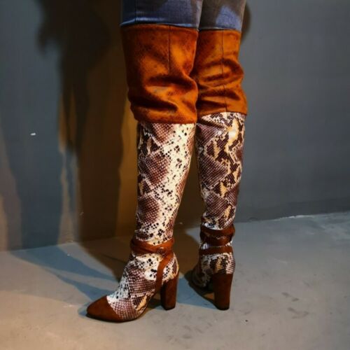 snakeskin print over the knee boots