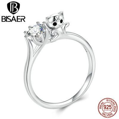 Bisaer 925 Sterling Silver Cat Zircon Wedding Ring For Women Party Gift Jewelry
