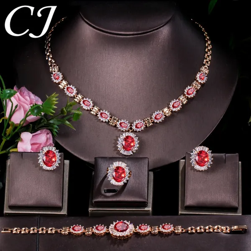 CANDICE Dubai Ruby Wedding 4 Pieces Set Elegant Red Zirconia Paved Yellow Gold Plated Engagement Party Ring Earrings Bracelet Necklace Sets for Women