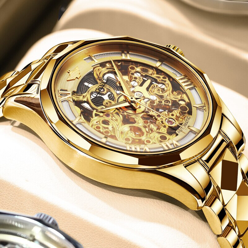 Pre-owned Oupinke 3168 Men Mechanical Wristwatch Automatic Watch Skeleton Waterproof 50m In Full Gold