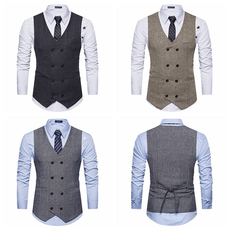 Men Double Breasted Slim Fit Gilet Herringbone Tweed Sleeveless Jacket Waistcoat