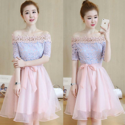 Women s Chic Korean Off shoulder Lace Dress Bowknot Party Bridemaid Elegant New