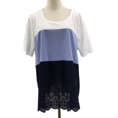 BLOOMCHIC 18-20 2X plus blue color block laser cut scalloped top blouse NWT 0B10