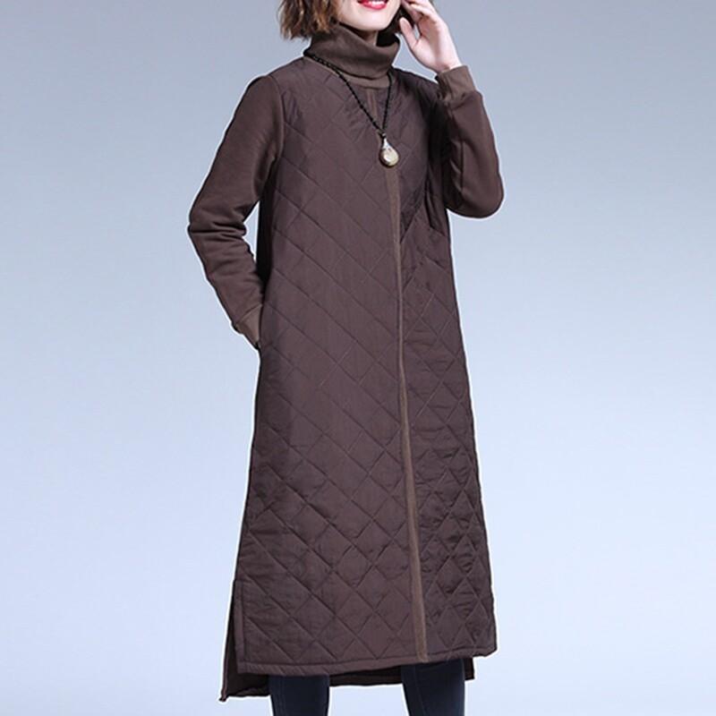 Damen Midi Kleid Gepolstert Gesteppt Splice Patchwork Hoher Kragen Warm Locker